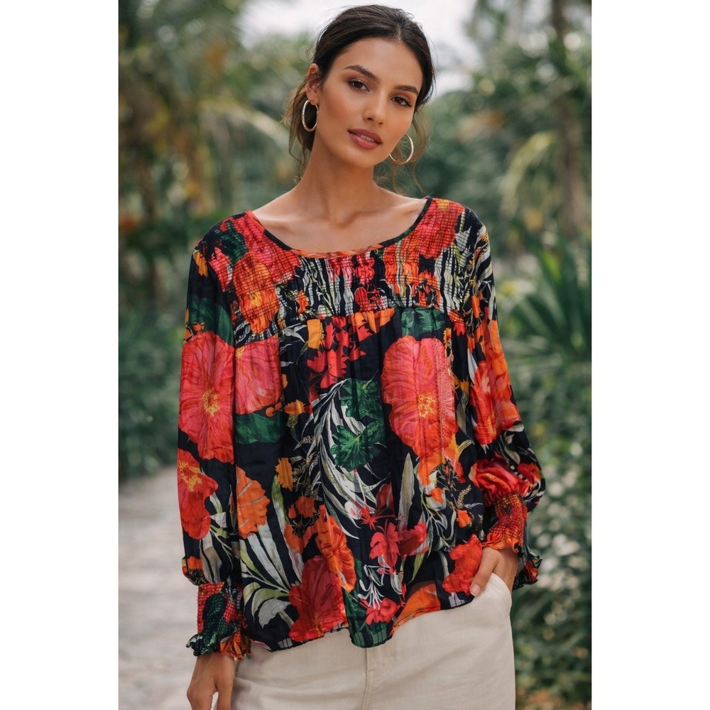 Gibson Latimer Long Sleeve Smocked Floral Print Black Blouse Top